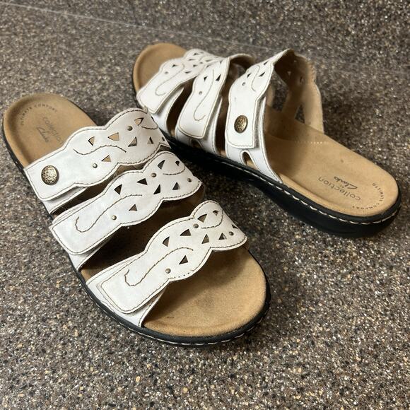 Clarks Collection Sandals Casual White Leather Slip On Open Toe Flat Womens 10 M - Picture 1 of 11